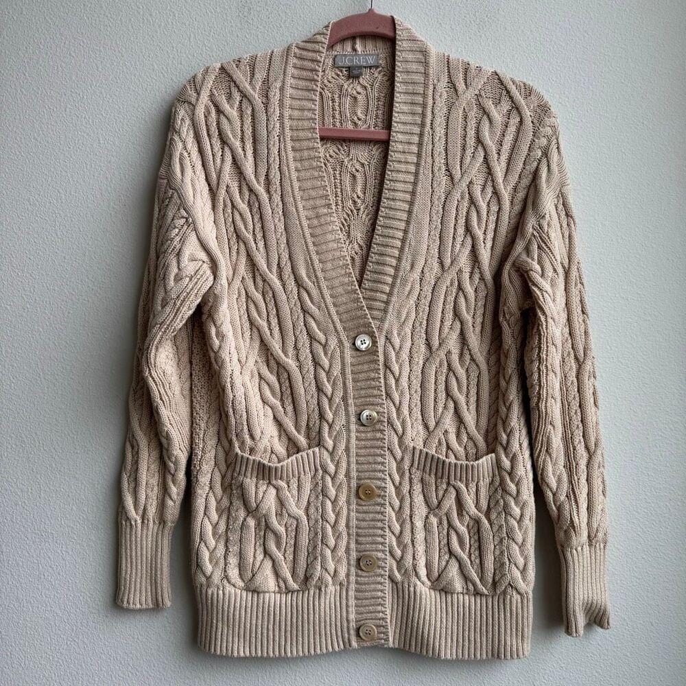 J.Crew 100% Cotton Cable Tan Knit Cardigan V-neck Relaxed Mr Roger’s Size Small - Picture 2 of 7